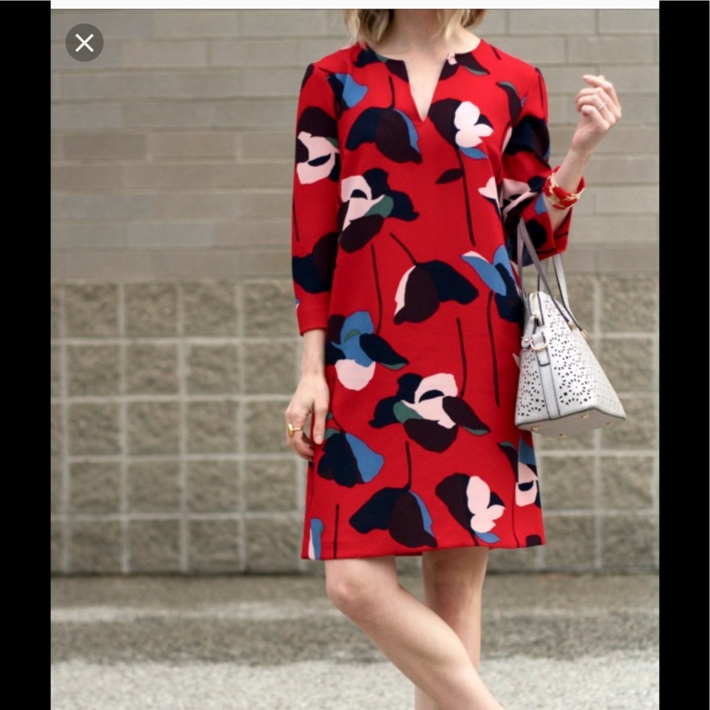 Boden red floral pattern shift dress, 3/4 sleeves